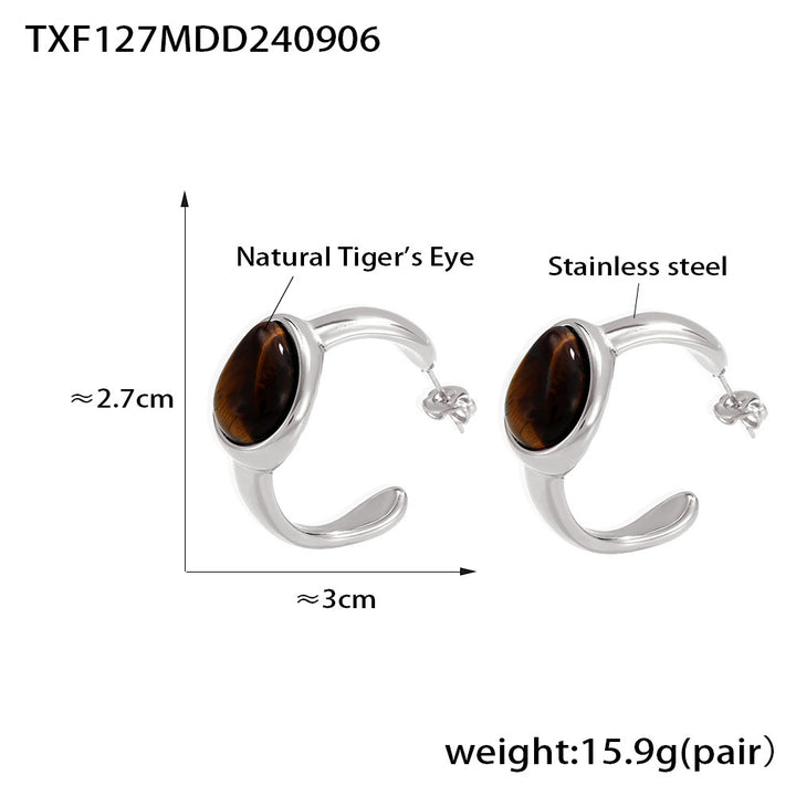 Tigereye C- Shaped Earrings Open Ring – Practical Gifts — 2
