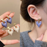 Enamel Purple White Heart Dangle Earrings Gold Drip – Gifts for Her — 2