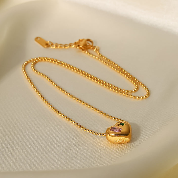18K Gold Bead Chain With Zirconium Heart Shaped – Jewelry Gift Ideas — 1