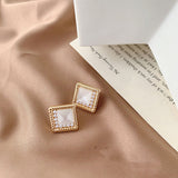 Silver Post Pearl Stud Earrings Geometric Round – Thoughtful Gifts — 3