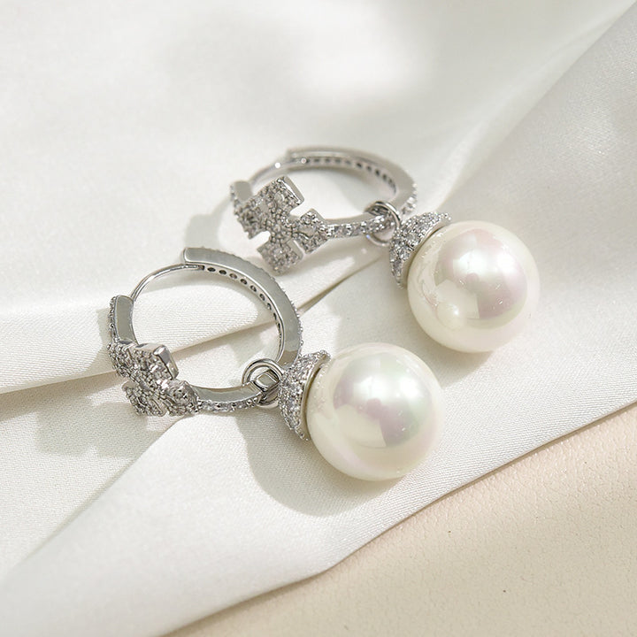Micro-set Zircon Cross Pearl Silver Needle Earrings – Small Gift Ideas — 1