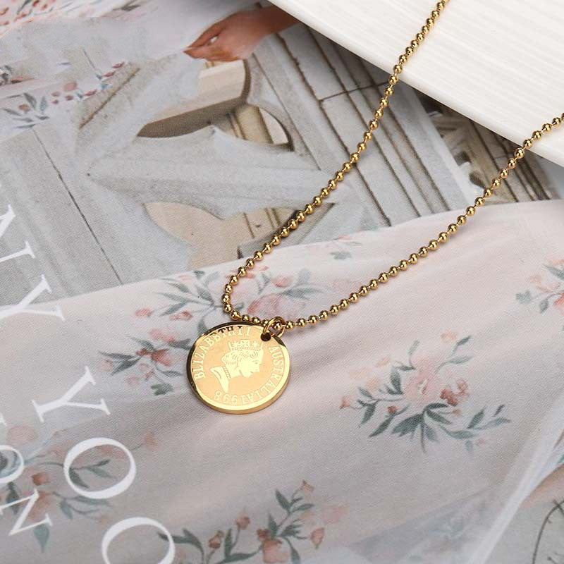Vintage Titanium Steel Necklace Queen's Head Coin – Jewelry Gift Ideas — 1