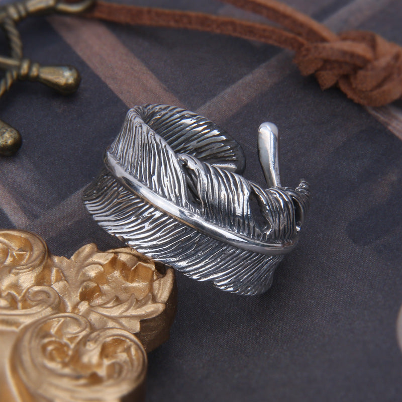 S925 Sterling Silver Feather Ring Creative Personality – Stylish Gifts — 1