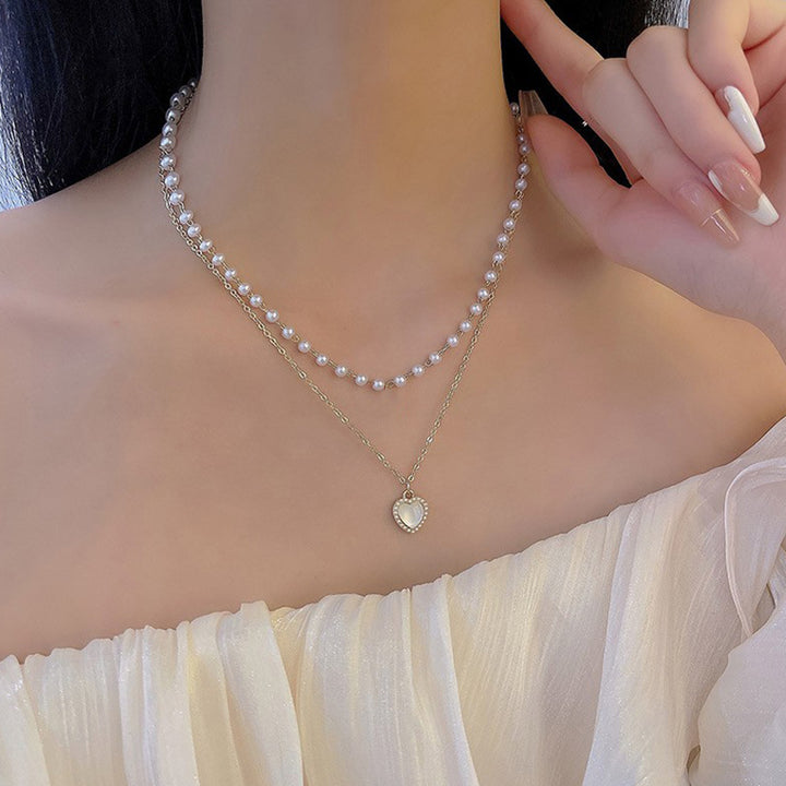 Women's Pearl Double-layer Opal Heart Necklace – Jewelry Gift Ideas — 1