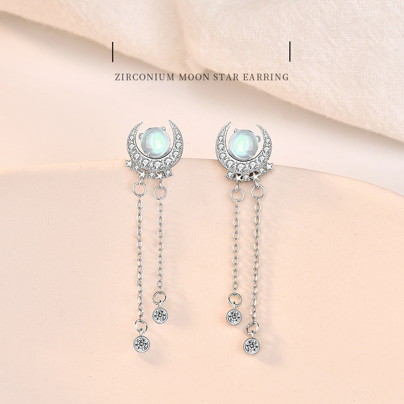 S925 Sterling Silver Long Elegant Bright Moon Star – Stylish Gifts — 1