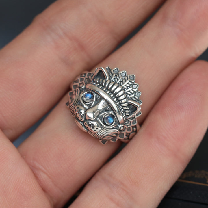 Men's Moonstone Indian Cat Vintage Ring – Gifts for Him — 1