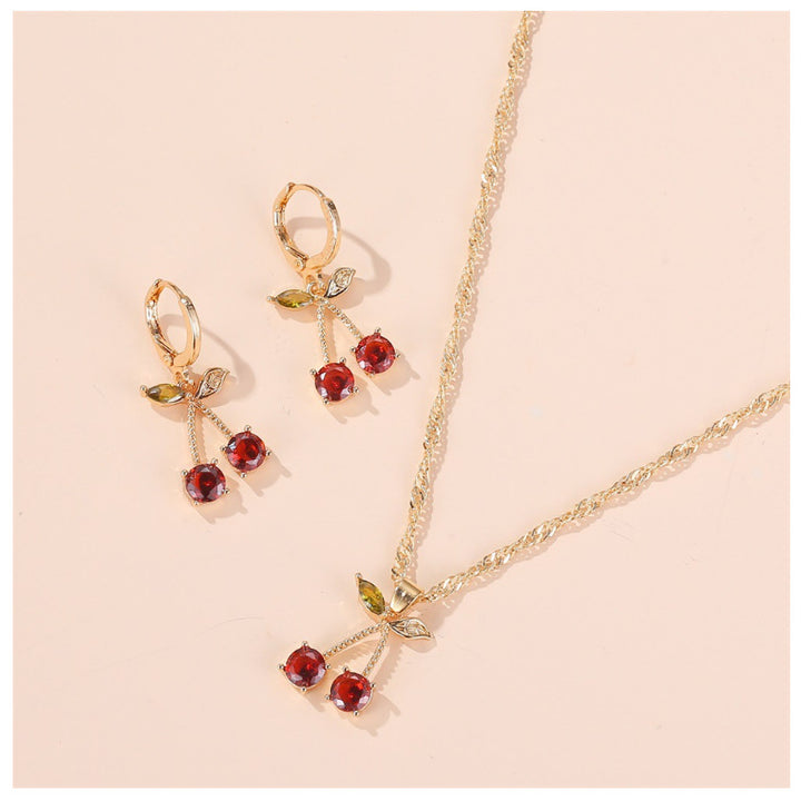 Temperament Cute Gem Cherry Necklace Earring Set – Jewelry Gift Ideas — 1