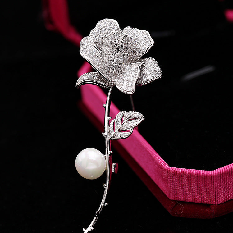 Women's Fashion Pearl Inlaid Zircon Camellia Brooch – Stylish Gifts — 1