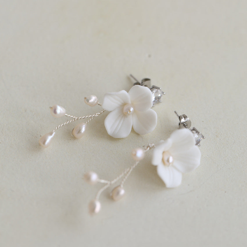 Hard Porcelain Flower Fresh Water Pearl Earrings – Gift Ideas — 1