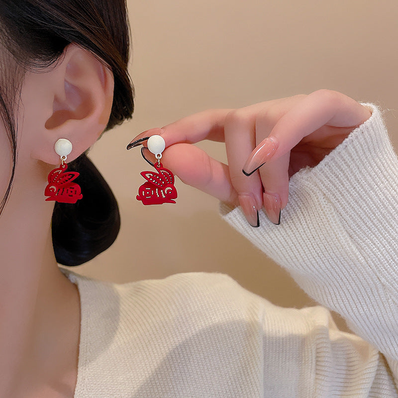 Zodiac Year Paper-cut Red Rabbit Earrings Female – Gifts for Her — 1