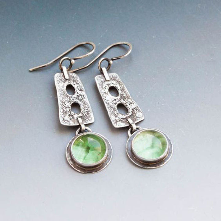 French Retro Geometric Round Green Moonstone Earrings – Birthday Gifts — 1