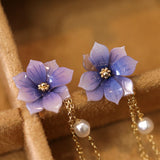 Women's Purple Floral Pearl Tassel Earrings – Gifts for Her — 2