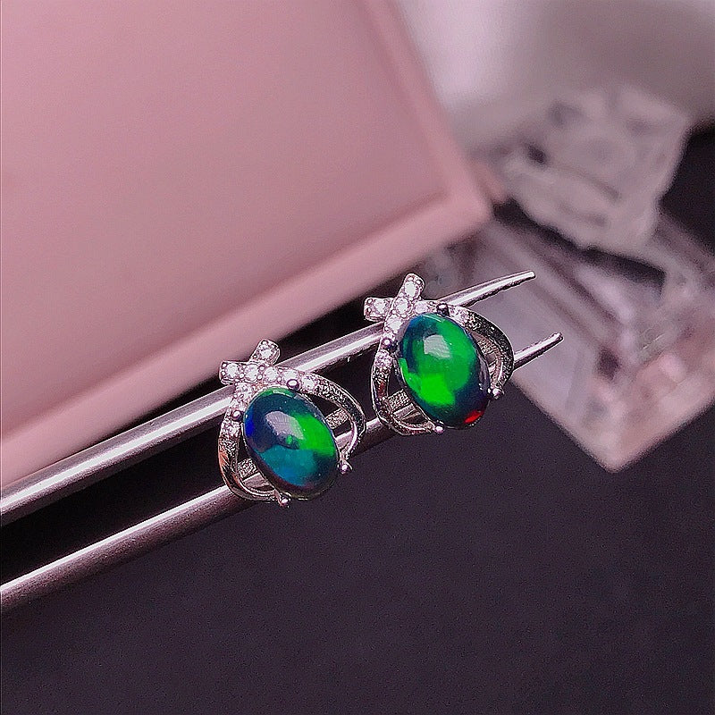 Stud Earrings Silver Inlaid Natural Black Opal – Useful Gifts — 1