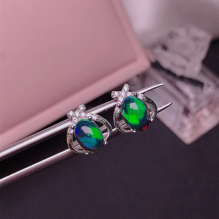 Stud Earrings Silver Inlaid Natural Black Opal – Useful Gifts — 1