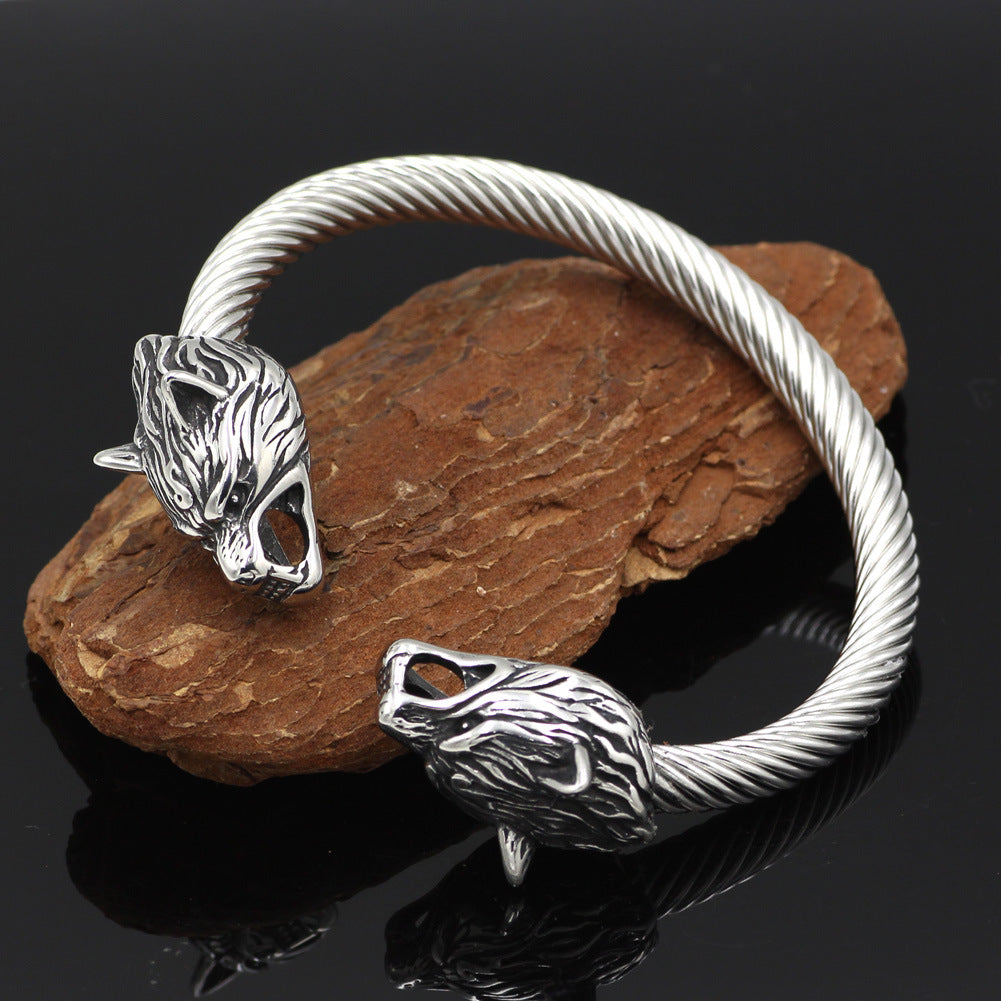 Viking Steel Color Double Wolf Head Bracelet – Jewelry Gift Ideas — 1