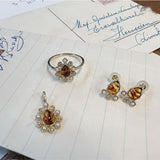 Vintage Ring Female S925 Silver Gilded Flower Amber – Gifts for Her — 3