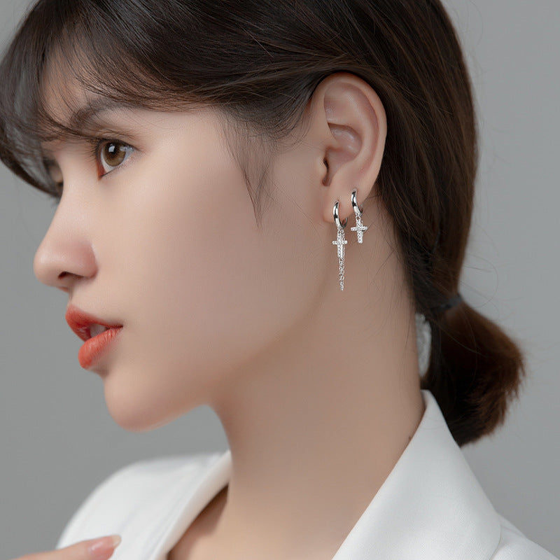 Short Cross Chain Ear Clip Women's Rhinestone Earrings – Gifts for Her — 1