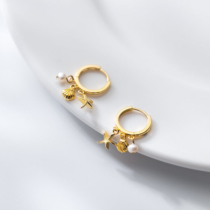 S925 Silver Starfish Shell Sweet Pearl Earrings – Birthday Gifts — 1