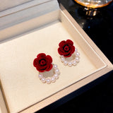 Silver Pin Flocking Wine Red Rose Earrings – Small Gift Ideas — 6