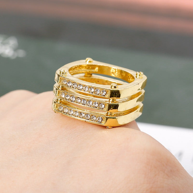 Gold Three-row Diamond Hollow Geometric Ring – Holiday Gift Ideas — 1