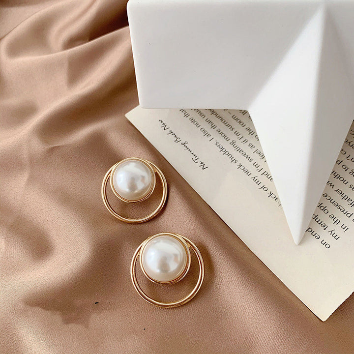 Silver Post Pearl Stud Earrings Geometric Round – Thoughtful Gifts — 1
