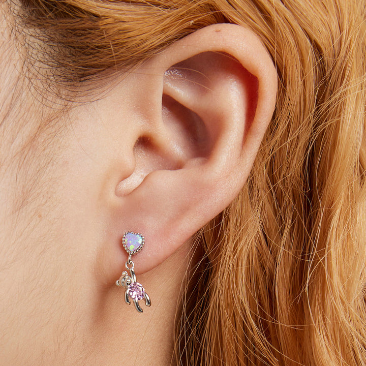 S925 Sterling Silver Zircon Love Bear Stud – Gifts for Couples — 1