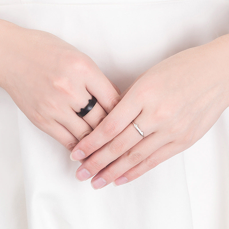 Black White Cat Sterling Silver Couple Ring – Gifts for Couples — 1