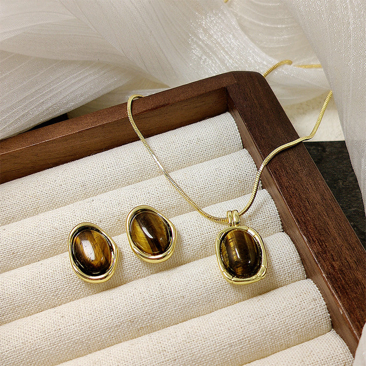 Retro Cymophanite Oval Earrings – Small Gift Ideas — 1