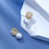 Light Luxury Square Full Diamond Pearl Ear Studs Make – Birthday Gifts — 1