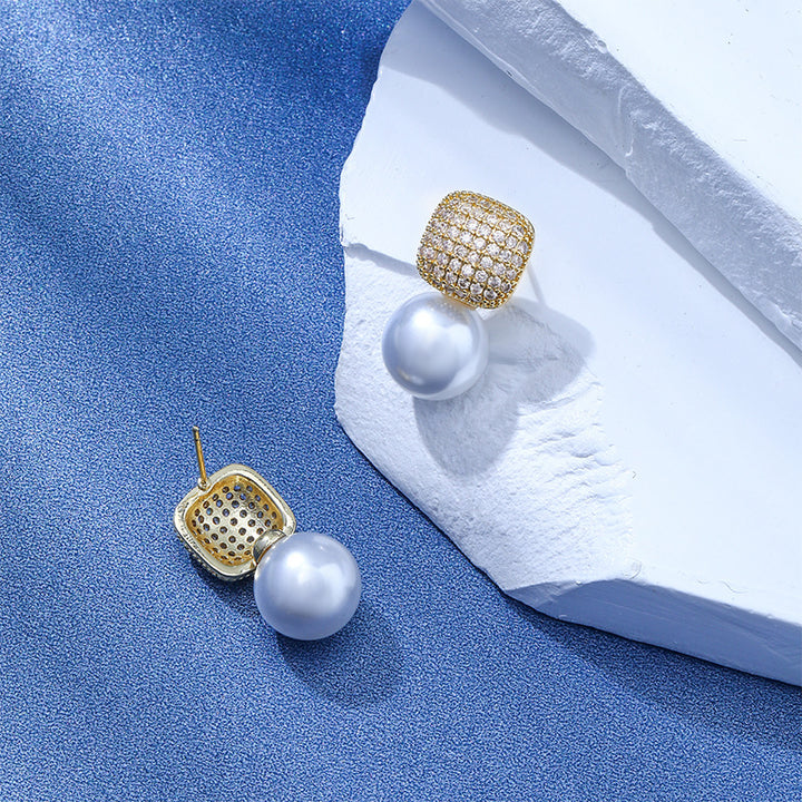 Light Luxury Square Full Diamond Pearl Ear Studs Make – Birthday Gifts — 1