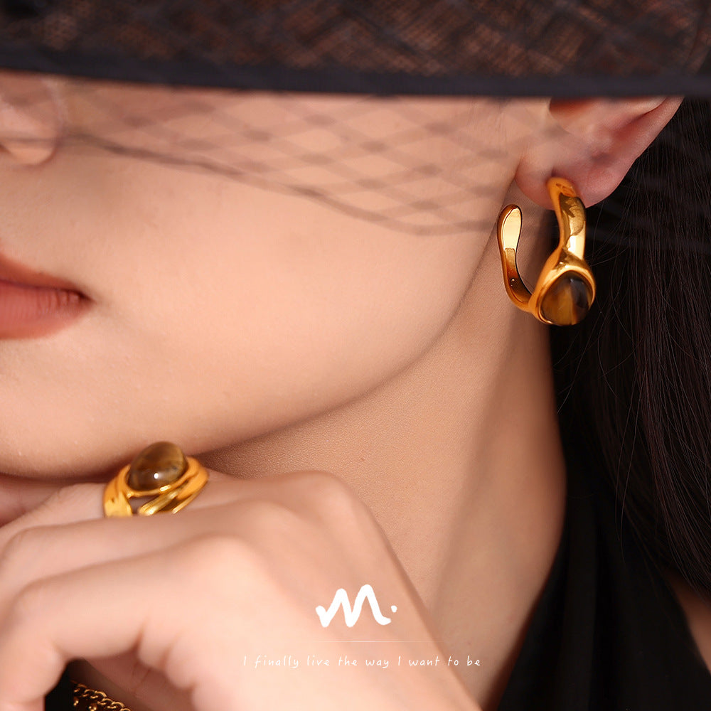 Tigereye C- Shaped Earrings Open Ring – Practical Gifts — 1