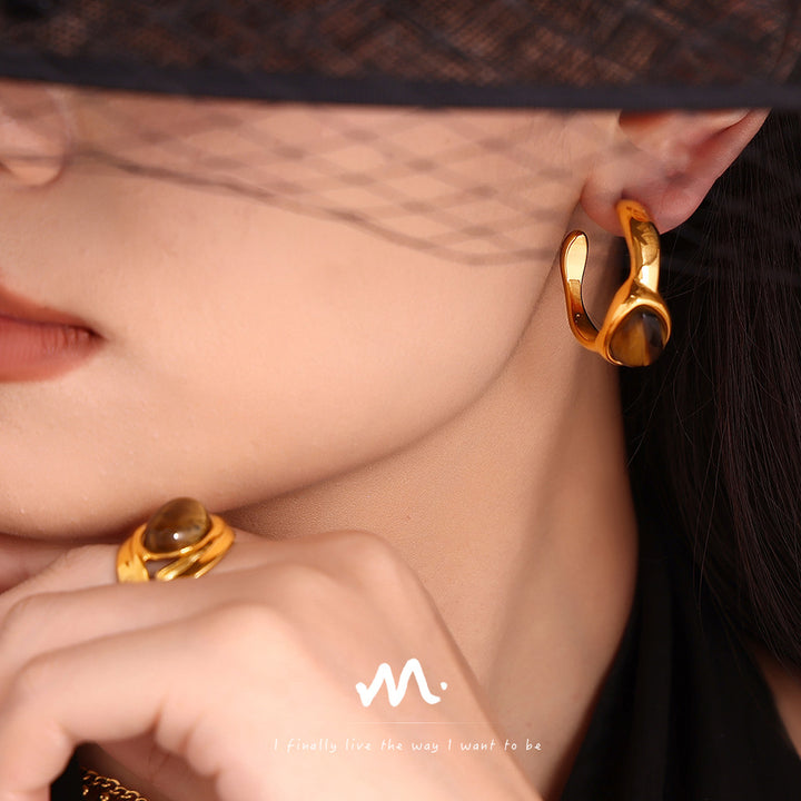 Tigereye C- Shaped Earrings Open Ring – Practical Gifts — 1