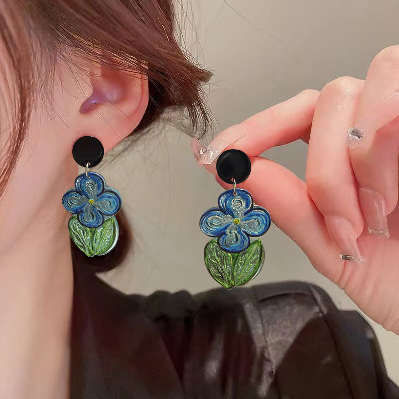 Summer High-grade Oil Painting Blue Flower Earrings – Creative Gifts — 1