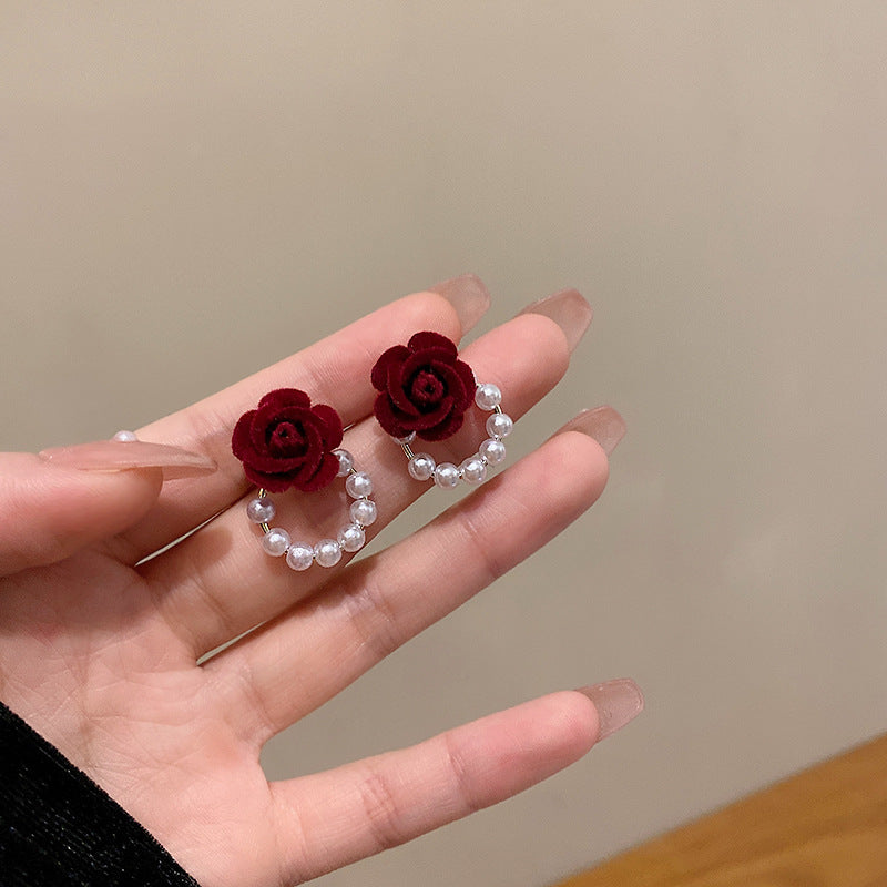 Silver Pin Flocking Wine Red Rose Earrings – Small Gift Ideas — 1