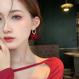 Burgundy Velvet Bow Earrings Niche Design – Thoughtful Gifts — 2