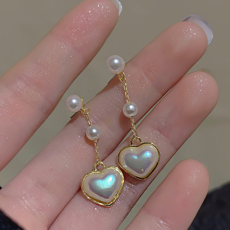 Sterling Silver Needle Heart Pearl Earrings Female – Gifts for Her — 1