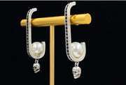 Skull Head Women's Pearl Brass And Diamond Earrings – Gifts for Her — 2