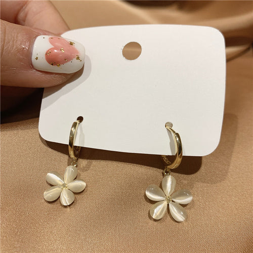 Cat's Eye Stone Five Petal Flower Earrings S925 – Cat Lover Gifts — 1