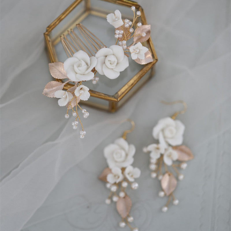 Design Ceramic White Flower Hair Comb Earrings – Beauty Gifts — 1
