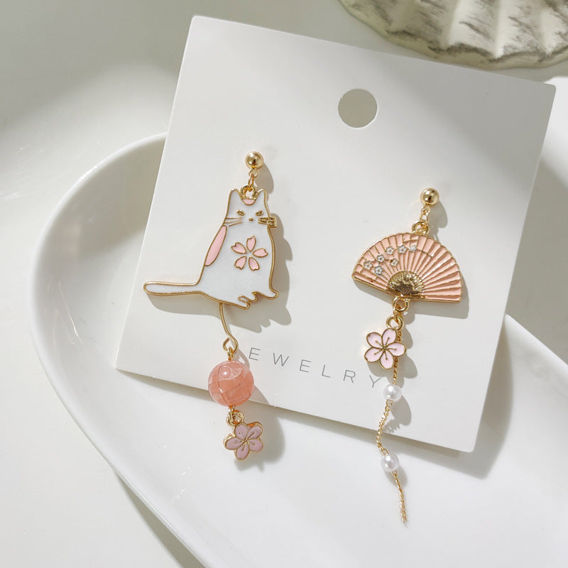 S925 Silver Needle Cat Fan Ukiyo-e Earrings Super – Gifts for Her — 1