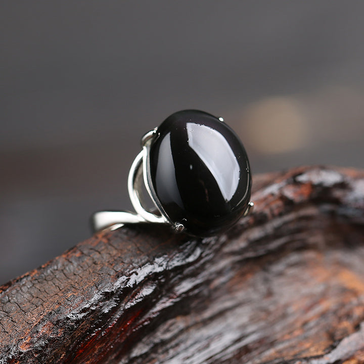 Natural Obsidian Live Mouth Pair Ring Silver Jewelry – Stylish Gifts — 1