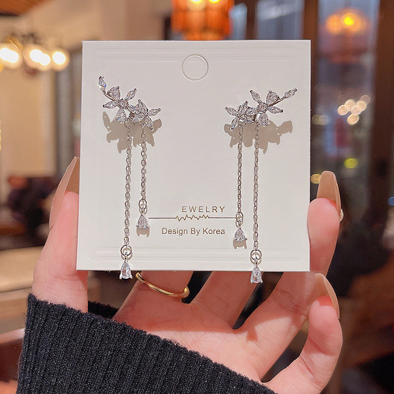 Silver Needle Long Fringed Zircon Earrings – Thoughtful Gifts — 1