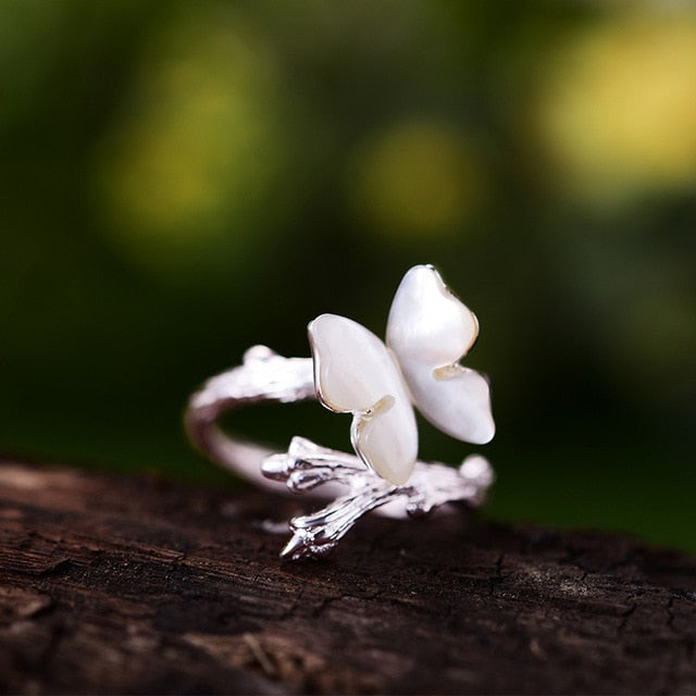 Pink Shell Butterfly Ring Female Branch S925 Silver – Gifts for Her — 1
