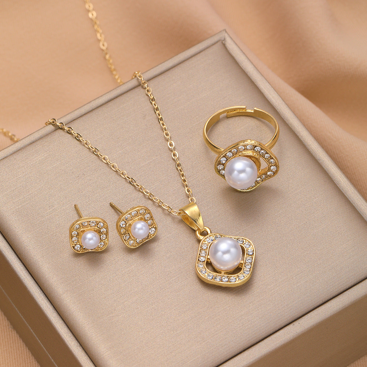 Fashion Rhinestone Pearl Square Necklace Suit – Stylish Gifts — 1