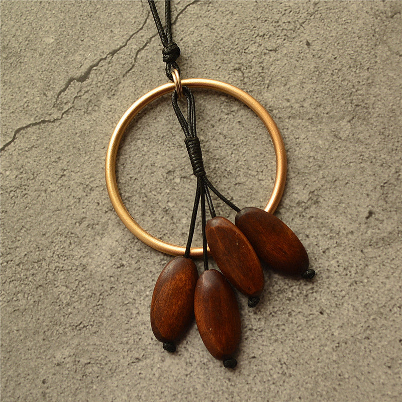 Simple Circle Tassel Wooden Bead Pendant Long – Jewelry Gift Ideas — 1