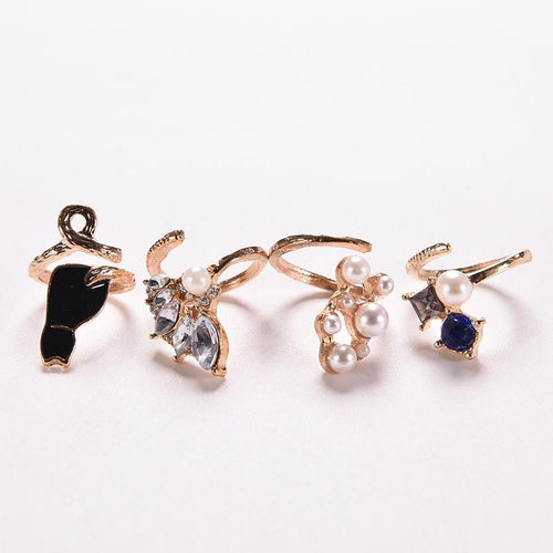 Crystal Cat Pearl Rhinestone Knuckle Nail Ring Set – Cat Lover Gifts — 2