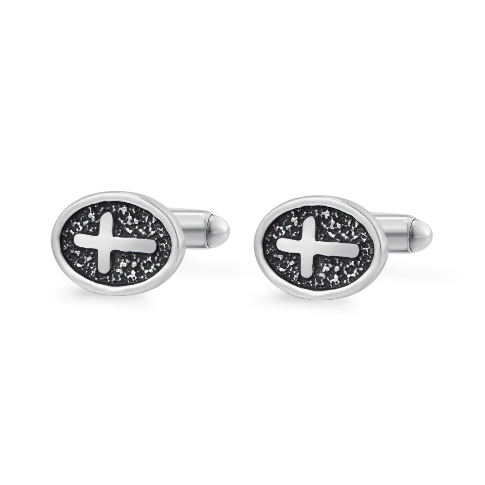 Oval Cross Cufflinks Silver Stainless Steel Shirt Cuff – Gifts for Him — 1