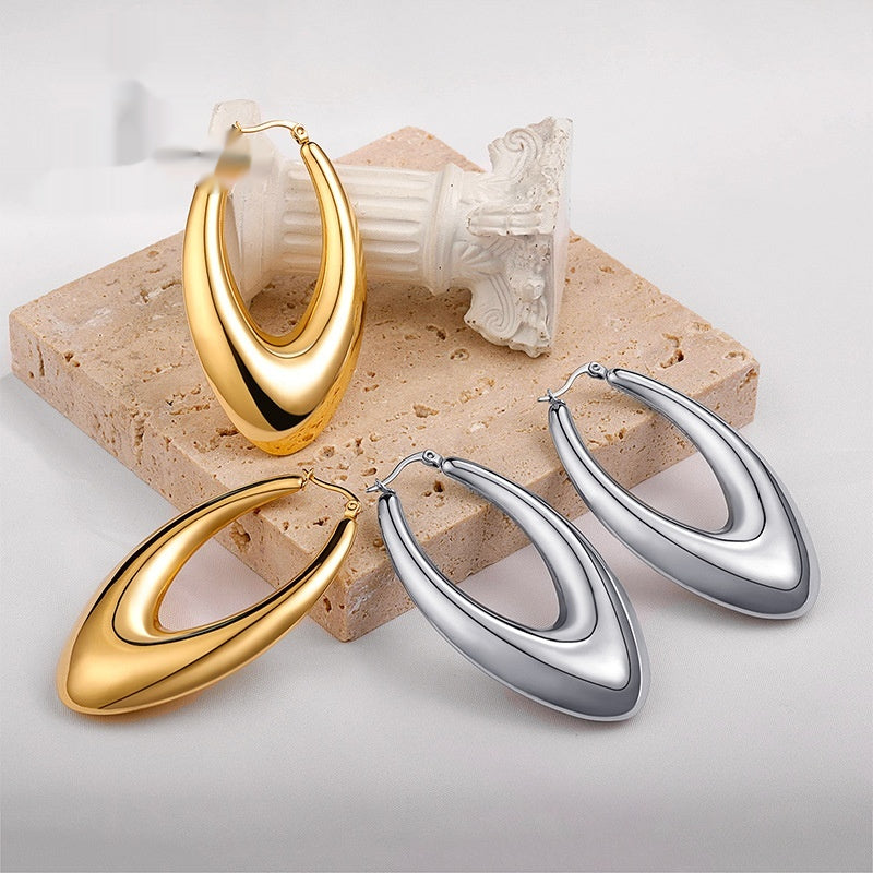 Long Oval Glossy Hollow Earrings Stainless Steel – Small Gift Ideas — 1