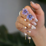 Women's Purple Floral Pearl Tassel Earrings – Gifts for Her — 3