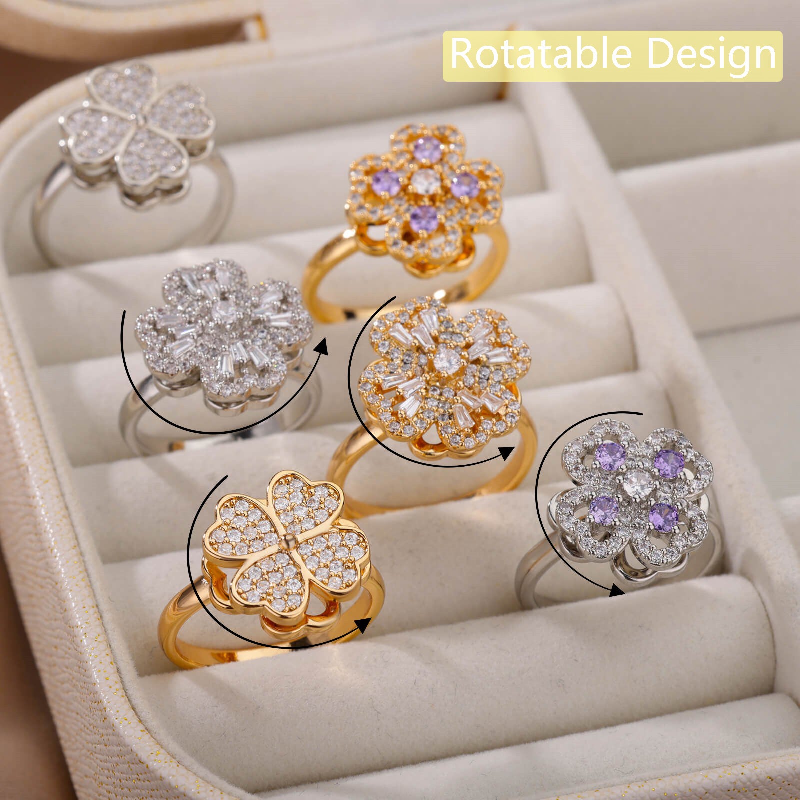 Rotatable Flower Rings With Rhinestones Ins Fashion – Stylish Gifts — 1